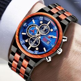 Wristwatches Reloj Hombre KUNHUANG Wooden Watch Men Top Chronograph Military Quartz Watches For Man Drop Customized