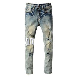 European And American Luxurys Jeans Trendy Casual Slim Fit Man Jean Pencil Light Colour Embroidered Stretch Zipper Denim Pants3003