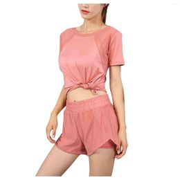 Women's Tracksuits Set Summer 2 Piece Solid Color Ladies Outdoor Sports Running Quick-Drying Breathable Short-Sleeved Shorts Suit