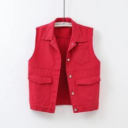 Women's Tanks Camis Colourful Casual Denim Vest Jacket Short Outwear Spring Autumn 2023 Lapel Sleeveless Coat Red Female Slim Waistcoat Tops 230719