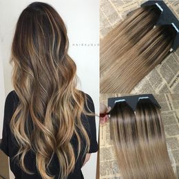 Ombre Color #2 Dark Brown fading to #6 Balayage Skin Weft Human Hair Extensions Tape in Extensons Slik Straight 40Pcs Tape on Hair271m