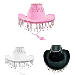 Berets Cowgirl Hat For Adult Cowboy With Rhinestones Fringe Hats Fit Most Women Theme Party Black White Pink DropShip