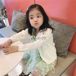 Pullover Baby Girls Summer Thin Cotton Knitted Cardigan Middle Small Children Solid Color Cutout Cardigan Coat Girl Sun Protection Coat HKD230719