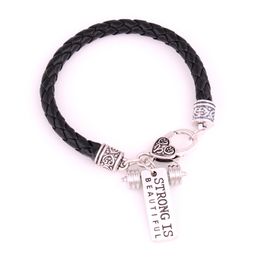 Apricot Fu White Black Leather Braided CrossFit Weight Lifting Fitness Dumbell Charm Bracelet Strong Is Beautiful 272I
