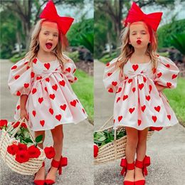 Baby Girls Valentine's Day Dress with Bow Headband, Heart Printed Short Puff Sleeve Crew Neck Princess Dress for Summer, 1-5Y