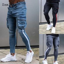 Samlona 2021 New Patchwork Jeans Stripe Mens Fashion Motcycle Demin Pant Multi-pocket Pants Slim Bottom Plus Size Men Trouser295d