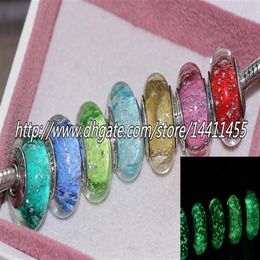 7pcs S925 Sterling Silver Signature Colour Fluorescence Murano Glass Beads Fit European Pandora charm Bracelets Necklaces225C