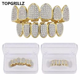 Europe and America Hip Hop Iced Out CZ Gold Teeth Grillz Caps Top Bottom Diamond Teeth Grillzs Set Men Women Grills247W