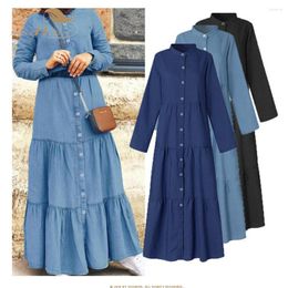 Casual Dresses 2023 Vintage Spring Autumn Solid Blue Denim Single Breasted Long Dress S-5XL 50s 60s Rockabilly SR0195