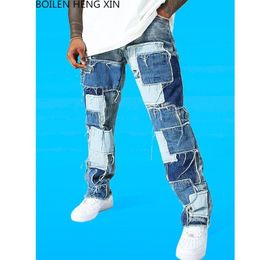 Men's Jeans Men Jeans Slim Patchwork Colour Lump Skinny Cacual Designer Black Blue Straight Long Pants Moto Biker Streetwear S-3XL 230718