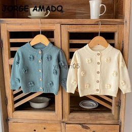 Pullover New Autumn Kid Girl Sweater Coat Round Collar Apricot Blue Flowers Wool Knit Long Sleeves Cardigan Child Clothes E3123 HKD230719