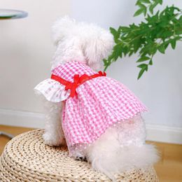 Dog Apparel Puppy Dress Adorable Lattice High Elasticity Elegant Polyester Summer Pet Thin Red Webbing Accessories