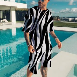 Men's Tracksuits Outfit Summer Short T Shirt Set Fashion 2 Piece Streetwear 3D Black And White Printed Sports Beach Shorts Sportswear Men 230718