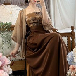 Ethnic Clothing Chinese Style Clothes Kimono&cami&skirt Suit Vintage 3PCS Hanfu Brown Sexy Off Shoulder Cheongsams Women Print Dress Set