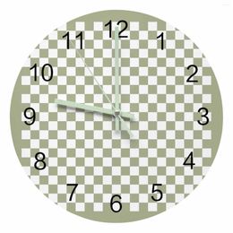 Wall Clocks Grass Green Checkerboard Luminous Pointer Clock Home Ornaments Round Silent Living Room Bedroom Office Decor