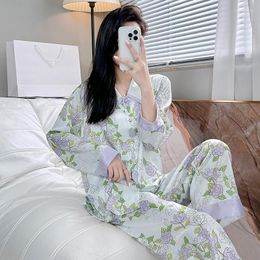 Women's Sleepwear Sexy Purple Floral Printed Satin High Quality Women Ice Silk Homewear Pyjama Long Sleeve Shirt Pants Nightwear