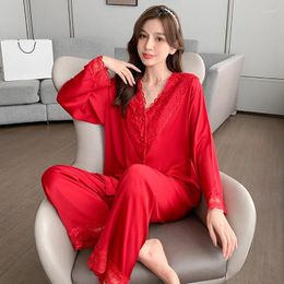 Women's Sleepwear Red V-Neck Lace Female Full Sleeve Pant 2PCS Pajamas Sets Spring Autumn Faux Silk Nightwear Wedding Intimate Home Wear