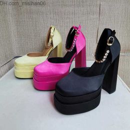 Dress Shoes women Ladies leather super 15cm high heel shoes 4.5cm platform pumps silk satin diamond polyurethane Dress marry jane size 35-43 Z230802