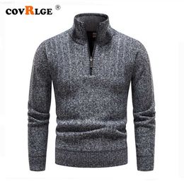 Men's Sweaters Covrlge Autumn Winter Plush Thickened Pullover Men's Vertical Collar Knitted Sweater Solid Color Semi-zipper Male Coat MZM242 L230719