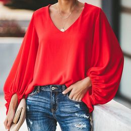 Women s T Shirt Women Blouses Sexy V Neck Long Lantern Sleeve Blouse Loose Shirts Elegent Office Ladies Smooth Casual Solid Colour Tops Plus Size 230719