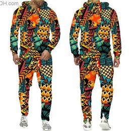 Men's Sleepwear Color folk custom 3D printing Hoodie+pants suit men's long sleeved Sportswear suit ethnic style African Osaka clothing Z230719