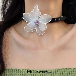 Pendant Necklaces Exaggerate Zircon White Flower Black Leather Choker For Women Cool Girl Gothic Punk Summer Couple Necklace HUANZHI 2023