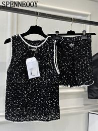 Womens Two Piece Pants SPENNEOY Summer Designer Vintage Black Sequin Shorts Set Sleeveless Tank TopElastic Waist 230718