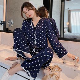 Women's Sleepwear Blue Dot Print Pyjamas Set Women Satin 2PCS Silky Sleep Long Sleeve Shirt&Pant Female Nightwear Loose Home Clothes