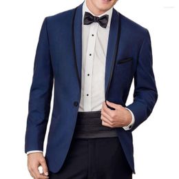 Men's Suits Blue Blazer Wedding Tuxedos Groom Wear Two Piece Black Shawl Lapel Business Men Custom Made Jacket Pants Waistband