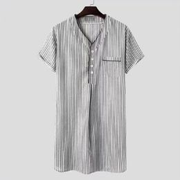 Men's Casual Shirts Button V-Neck Long Loose Muslim Arab Dubai Toga Short Sleeve Down Shirt Vintage Lounge Home-Wear 2023