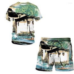 Men's Tracksuits 3D Printed 2 Pieces Sets Chinese Brush Painting Casual Suit Short-sleeved Shorts Round Neck Tshirt Men Clothing Tops