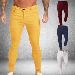 Men Stretch Skinny Solid Jeans 4 Color Casual Slim Fit Denim Trouser Male Yellow Red Gray Pants Male Slim Trousers180W