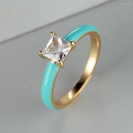 Wedding Rings Princess Cut Square Stone Blue Enamel For Women Gold Colour White Zircon Promise Bands Party Mother Day Jewellery CZ