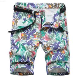 Men's Shorts Men Digital Print Stretch Denim Shorts Fashion Tropical Plant Flower Breeches for Summer L230719