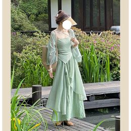 Ethnic Clothing Summer Chinese Style Qipao Dresses Blue Green Hanfu Suit Mesh Cardigan Strap Vestidos Women Slim Cheongsams Costumes