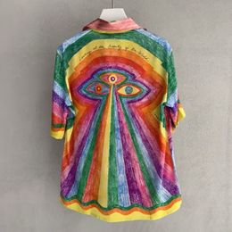 Mens Casual Shirts Casablanca Colourful Hand Painted Rainbow Stripe Printed Short Sleeve Aloha shirt 230718