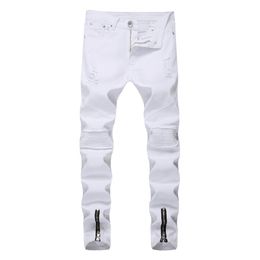 Men's Jeans Men White Solid Colour Frayed Slim-Fit Bikes Pencil Pants Classic Business Streetwear Delivery344N