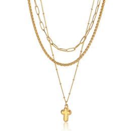 Chains Women Necklace Stack Set Layered Gold Colour Stainless Steel Paperclip Wheat Satellite Link Chain 3pcs Tiny Cross Charm LDN2251h