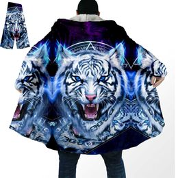 Men's Wool Blends Viking Tattoo Tiger/Yin And Yang Lion/Wolf Thick Warm Hooded Cloak Men Overcoat Coat Windproof Fleece Cape Robe Hooded Blanket-2 HKD230718