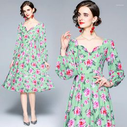 Casual Dresses 2023 Autumn Products Retro Fashion Printing All-Match V-Neck Dress Lady Style Bow Mid-Length Skirt