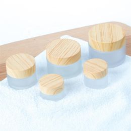 5ml 10ml 15ml 20ml 30ml 50ml 100ml Frosted Containers Bottles Packaging Face Cream Glass Cosmetic Jar with Bamboo Wood Lids for Lo291b