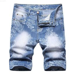 Men's Shorts Men Digital Print Denim Shorts Summer Floral Painted Stretch Jeans Fashion Knee Length Breeches L230719