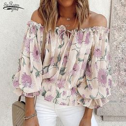 Women s Blouses Shirts Summer Off shoulder Chiffon Blouse Women Elastic Printed Floral Puff Sleeve Top Sexy Slash Neck Casual Clothing 18496 230719
