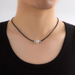 Choker Black Rope Chain Single Pearl Necklace For Men Simple Handmade Collar Pendant Neck Jewellery Accessories