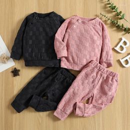 Clothing Sets Born Baby Boys Girls Two Pieces Clothes Outfit Autumn 2023 Round Neck Long Sleeve Checkerboard Textured Tops Elastic Pants