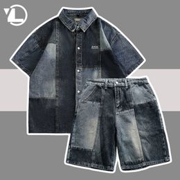 Men's Tracksuits Loose Summer Denim Sets Men Women Color Block Shirts Straight Shorts Couple Hip Hop Half Sleeve Streetwear 2 Pcs Set Unisex 230719