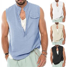 Men's Tank Tops 2023 Summer Men Fashion Cotton Linen Tee Shirts Casual Sleeveless Loose Button V-Neck Pocket Male Streetwear