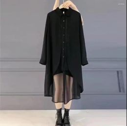 Casual Dresses Women Plus Size Chiffon Black Shirt Dress Turn Down Collar Sexy See Through Single-breasted Fashion High Street Clothes