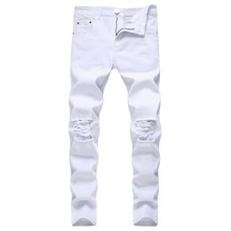 GODLIKEU White Men's Ripped Tapered Leg Jeans Distressed Knee Holes Slim Fit Denim Pants Jeans Pour Hommes269i