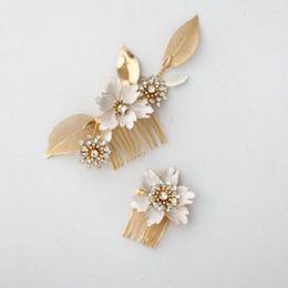 Hair Clips Grecian Enamel Flower Bridal Combs Gold Color Hollow Leaf Accessories Gorgeous Rhinestone Women's Wedding Jewelry Gift